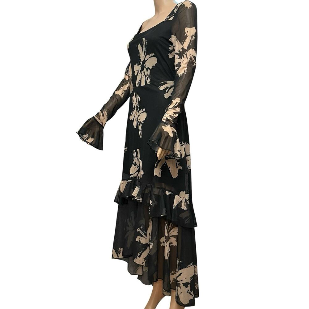 Gothic Floral Maxi Dress Large Bell Sleeve Tiered Ruffle Mesh Witchy High Low - Picture 4 of 9